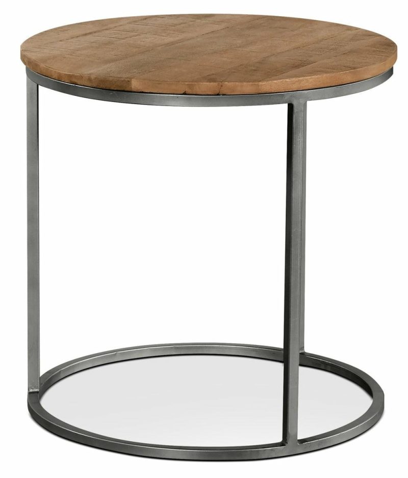 Veranasi 24″ Rustic Round End Table – Washed Light Brown Wood Top And Iron Legs End Tables