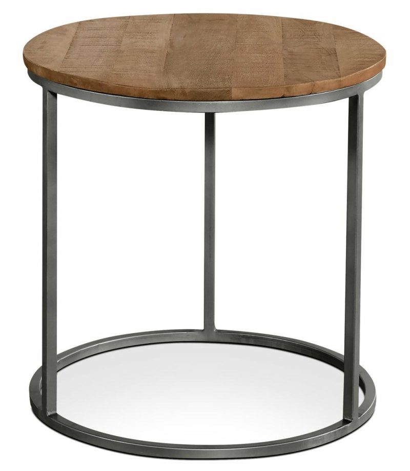 Veranasi 24″ Rustic Round End Table – Washed Light Brown Wood Top And Iron Legs End Tables