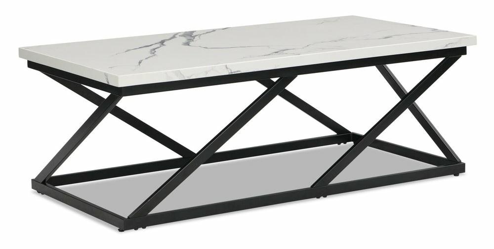 Verona 47.25″ Modern Coffee Table – White Marble Look With Black Metal Base Coffee Tables