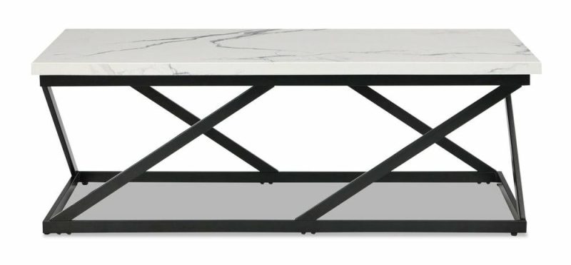 Verona 47.25″ Modern Coffee Table – White Marble Look With Black Metal Base Coffee Tables