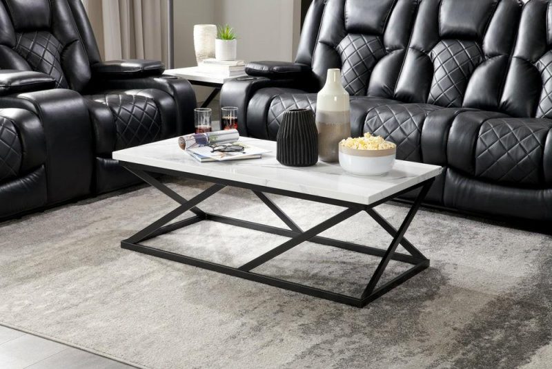 Verona 47.25″ Modern Coffee Table – White Marble Look With Black Metal Base Coffee Tables