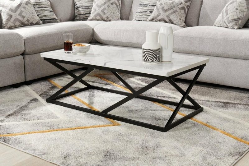 Verona 47.25″ Modern Coffee Table – White Marble Look With Black Metal Base Coffee Tables