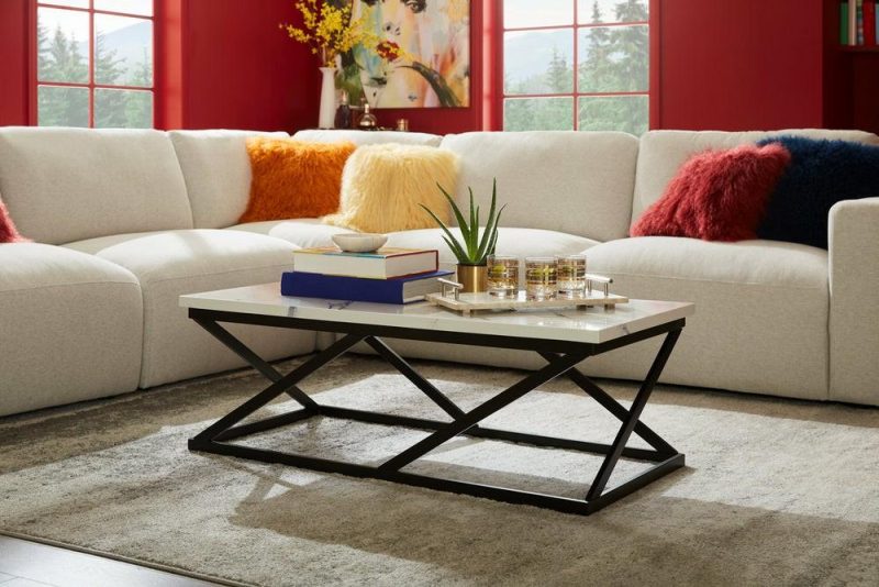 Verona 47.25″ Modern Coffee Table – White Marble Look With Black Metal Base Coffee Tables