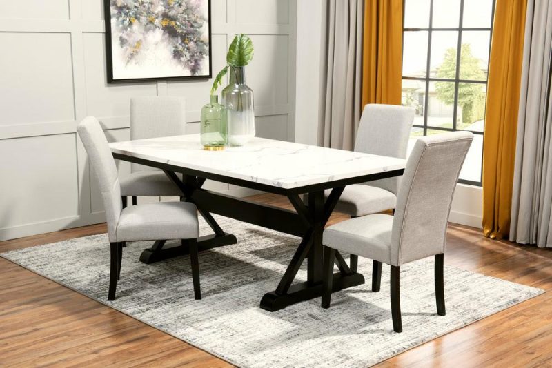 Verona 5Pc Dining Set With Table & 4 Chairs, Culture Marbled Top, Trestle Base, 70″W – White Dining Room