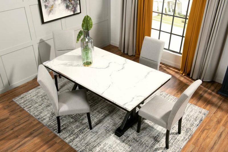 Verona 5Pc Dining Set With Table & 4 Chairs, Culture Marbled Top, Trestle Base, 70″W – White Dining Room