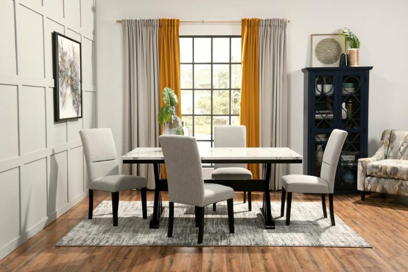 Verona 5Pc Dining Set With Table & 4 Chairs, Culture Marbled Top, Trestle Base, 70″W – White Dining Room