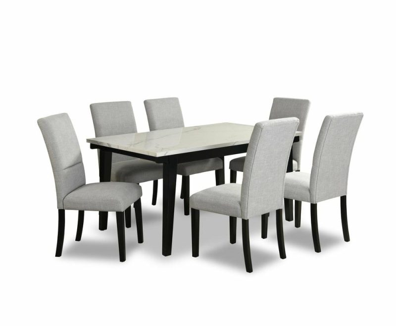 Verona 7Pc Dining Set With Table & 6 Chairs, Culture Marbled Top, 60″W – White Dining Room