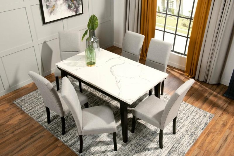 Verona 7Pc Dining Set With Table & 6 Chairs, Culture Marbled Top, 60″W – White Dining Room