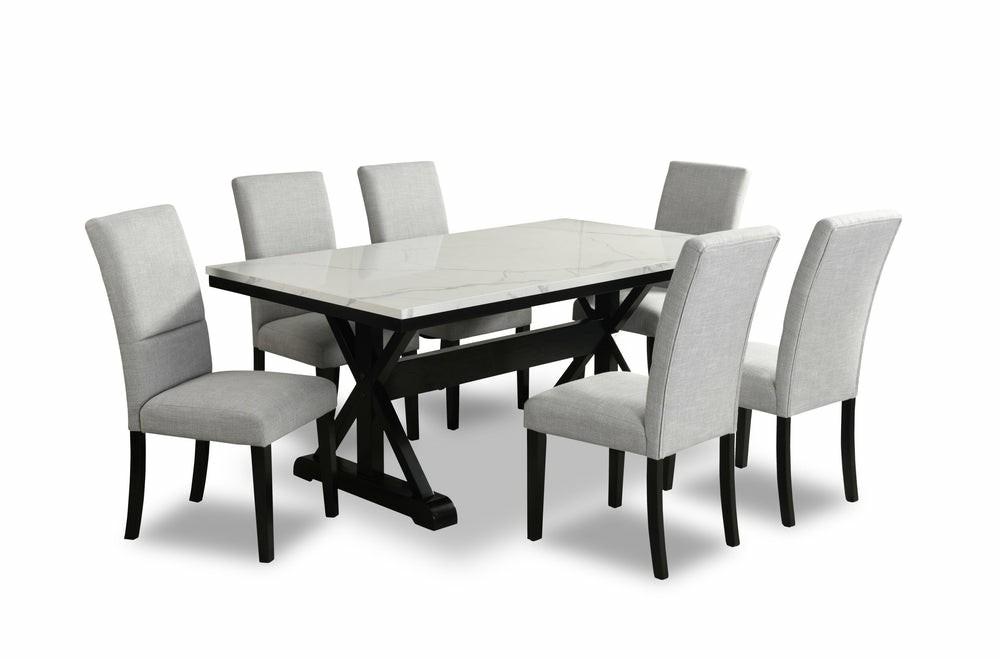 Verona 7Pc Dining Set With Table & 6 Chairs, Culture Marbled Top, Trestle Base, 70″W – White Dining Room