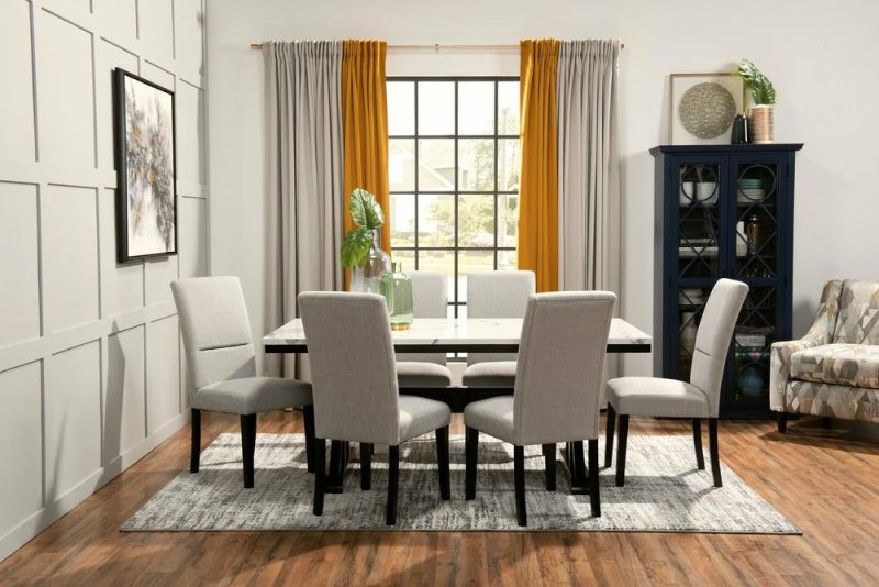 Verona 7Pc Dining Set With Table & 6 Chairs, Culture Marbled Top, Trestle Base, 70″W – White Dining Room