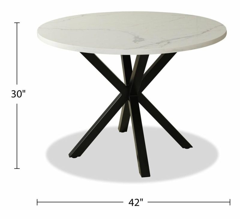 Verona Dining Table With Culture Marbled Top, Metal, Geometric Base, 42″W Round – White Dining Room