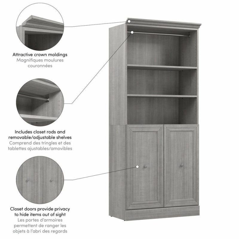 Versatile 36 W Closet Organizer With Doors – Platinum Grey Armoires & Wardrobes