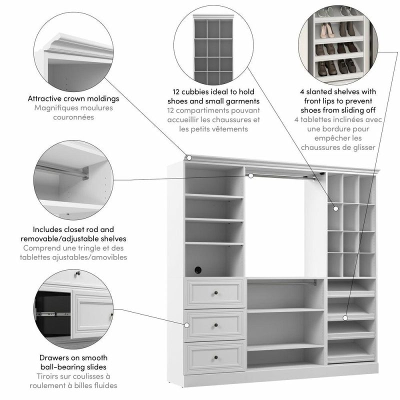 Versatile 86 W Closet Organization System With Drawers – White Armoires & Wardrobes