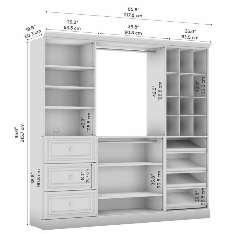 Versatile 86 W Closet Organization System With Drawers – White Armoires & Wardrobes