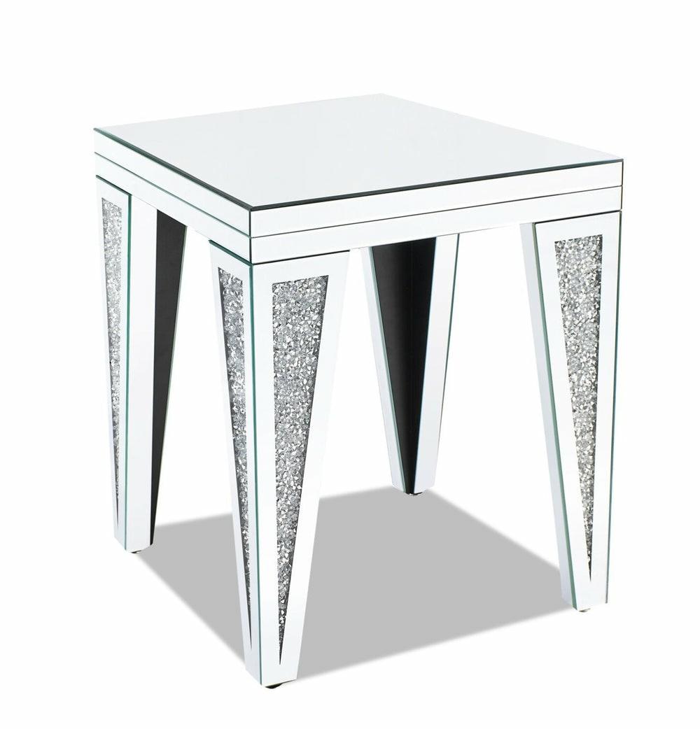 Victoria 19.7″ Glam Mirror & Glass Top End Table – Silver Metal With Diamond Look Legs End Tables