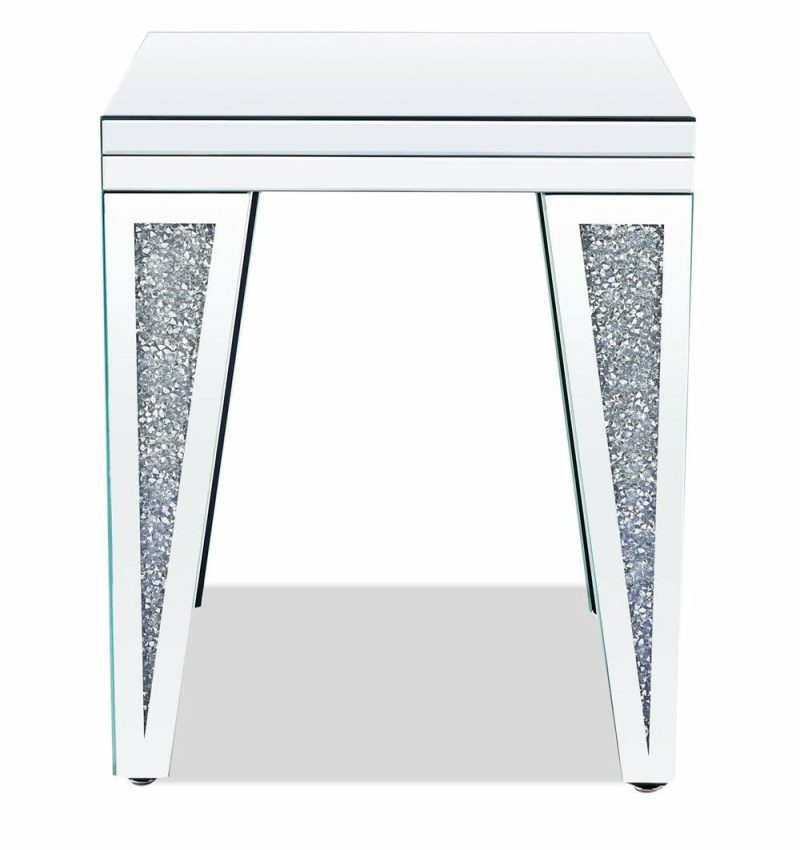 Victoria 19.7″ Glam Mirror & Glass Top End Table – Silver Metal With Diamond Look Legs End Tables