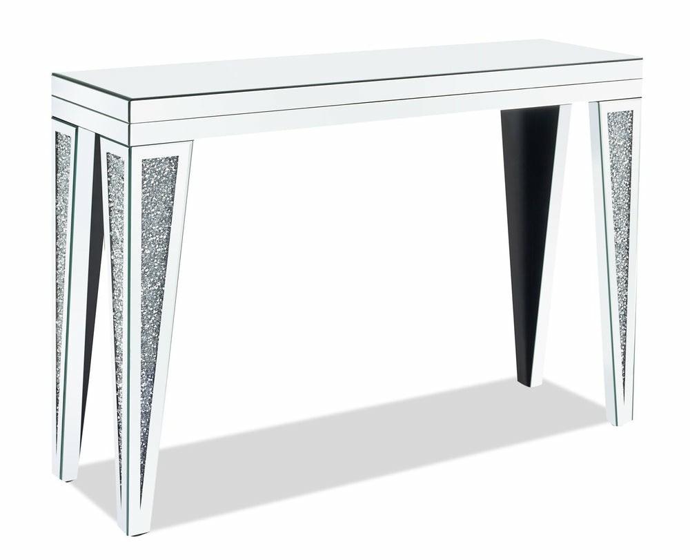 Victoria 47.2″ Glam Mirror & Glass Top Sofa Table – Silver Metal With Diamond Look Legs Furniture