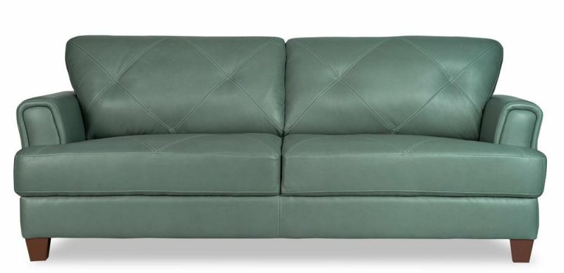 Vita 87″ Seafoam Green 100% Genuine Leather Sofa With Diamond Pattern Stitching And Wood Legs Furniture