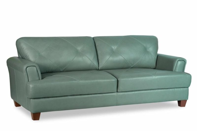 Vita 87″ Seafoam Green 100% Genuine Leather Sofa With Diamond Pattern Stitching And Wood Legs Furniture