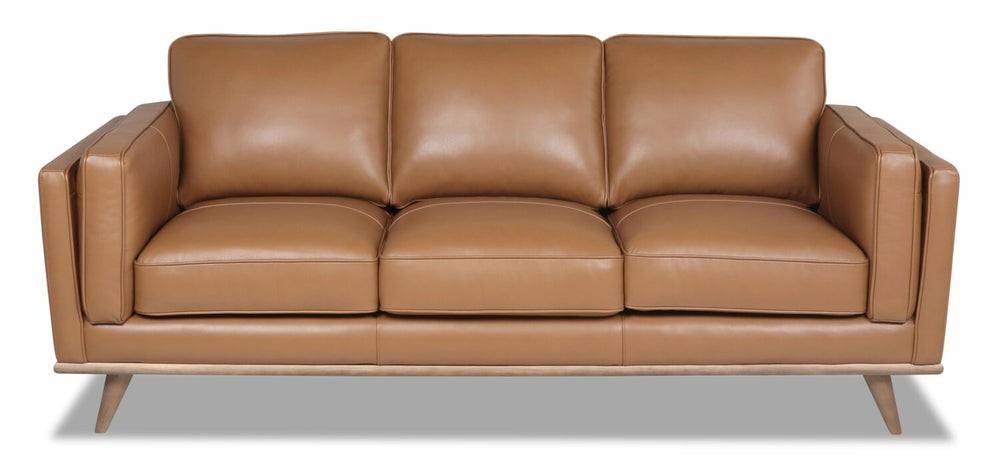 Vivia 86″ Caramel Brown Genuine Leather Sofa With Wood Trim And Legs Furniture