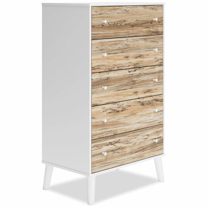 Wolf Bedroom Chest Of Drawers, 5-Drawer, 29.9″W X 50.7″H, Modern Mid-Century – Two-Tone White & Natural Bedroom