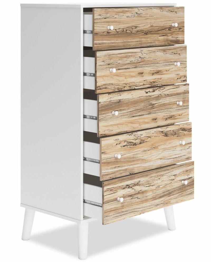 Wolf Bedroom Chest Of Drawers, 5-Drawer, 29.9″W X 50.7″H, Modern Mid-Century – Two-Tone White & Natural Bedroom