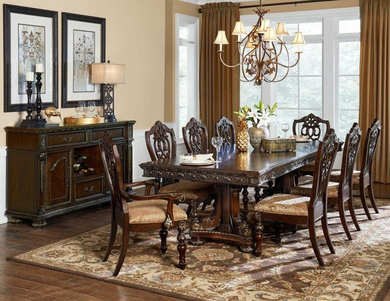 Wynn Dining Table With 84-108″W Extension, Pedestal Base – Cherry Brown Dining Room