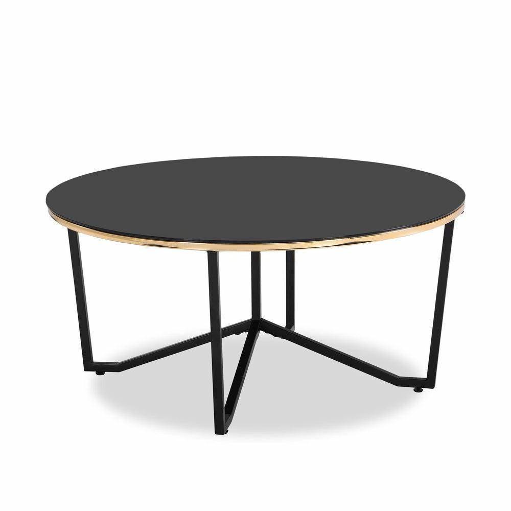 Xander 36″ Modern Round Glass Top Coffee Table – Black And Gold With Metal Legs Coffee Tables