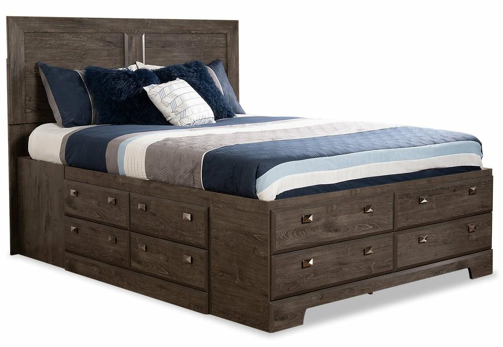 Yorkdale 12-Drawer Platform Bed With Headboard & Storage Frame, Made In Canada, Grey – Full Size Bedroom