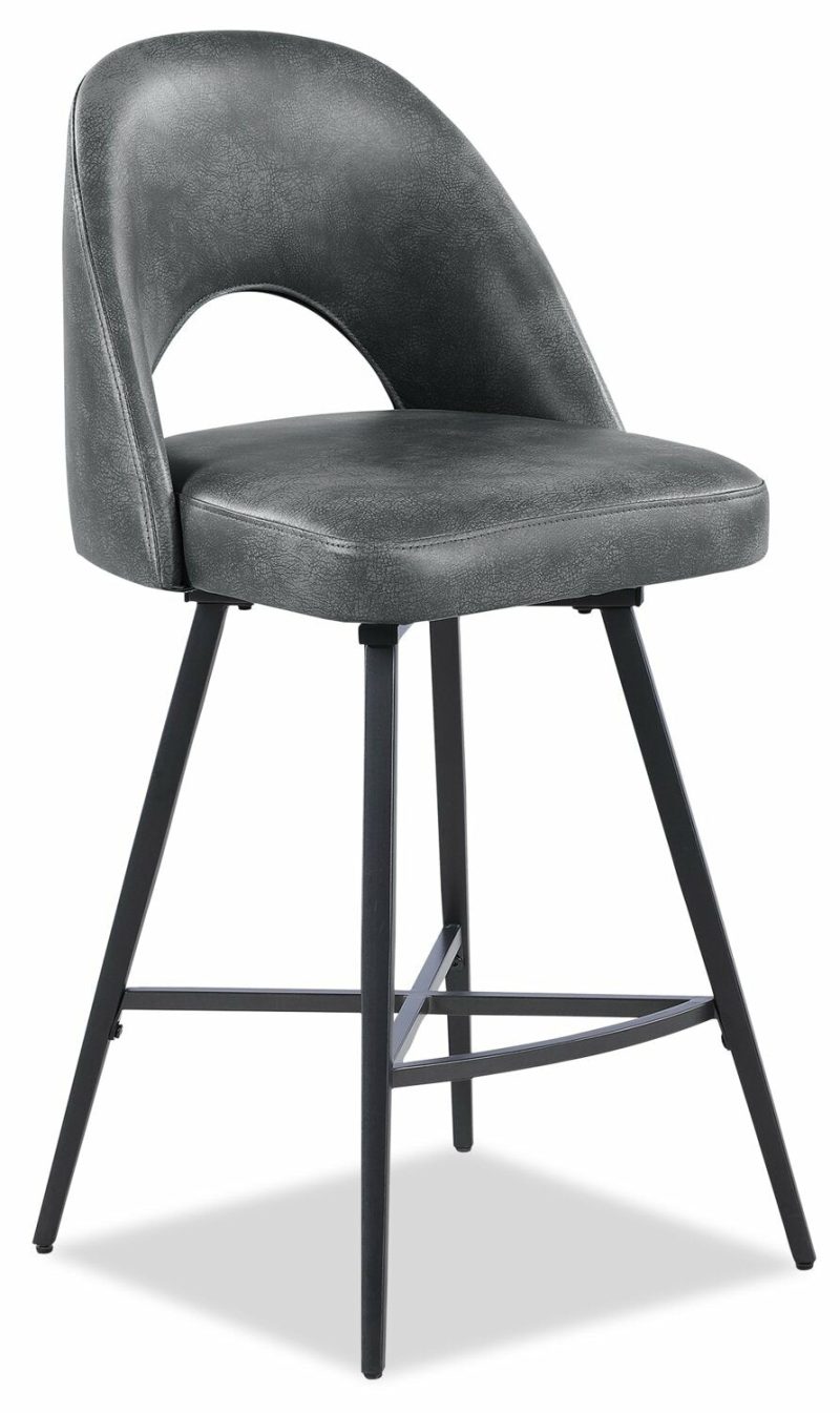 Bay Counter-Height Stool With Swivel Seat, Vegan Leather Fabric, Metal – Charcoal Bar Stools