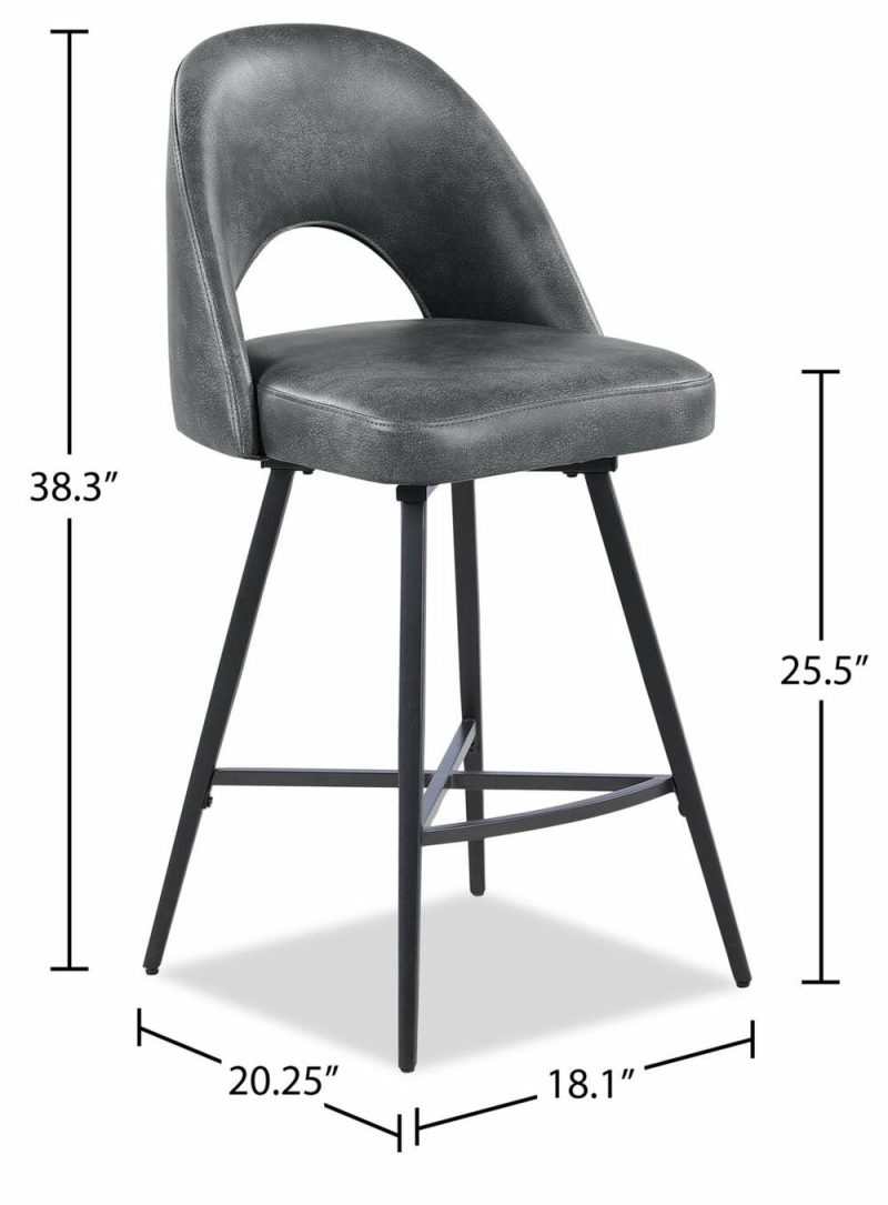 Bay Counter-Height Stool With Swivel Seat, Vegan Leather Fabric, Metal – Charcoal Bar Stools