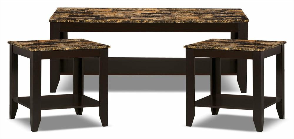 Roma  47.5″ Rustic 3-Pack Coffee + 2 End Tables With Shelf – Cappucino Marble Look Coffee Tables