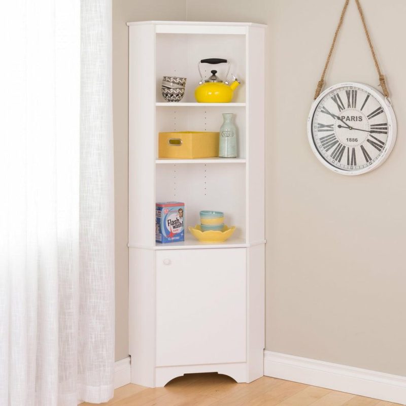 Elite Tall One-Door Corner Storage Cabinet – White Bookcases