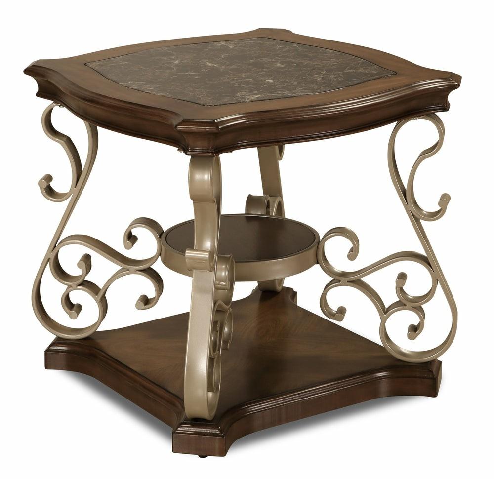 Heidi 26.2″ Ornate End Table With Shelf – Brown And Champagne With Metal Legs End Tables