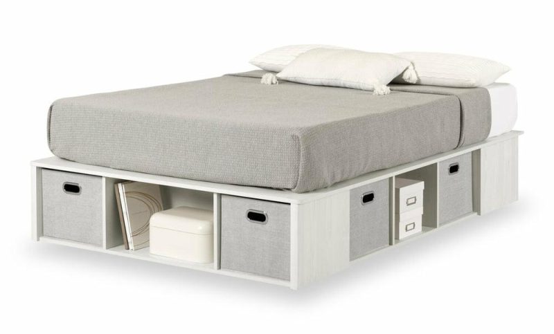 Everley Platform Bed With Built-In Storage & Baskets, White – Full Size Bedroom