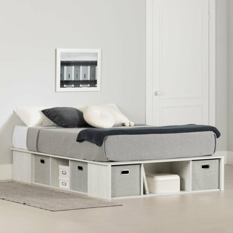 Everley Platform Bed With Built-In Storage & Baskets, White – Full Size Bedroom