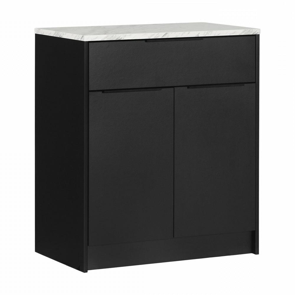 Olio Compact Kitchen Island With Storage – Matte Black & Faux White Marble Buffets, Servers And Cabinets