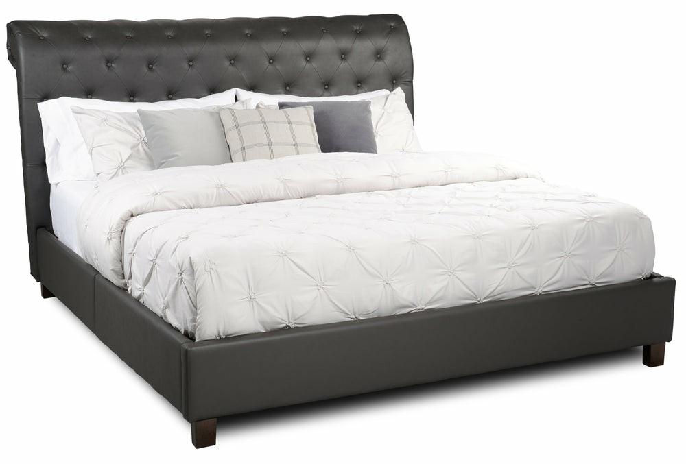 Tulsa Upholstered Platform Bed In Grey Vegan-Leather Fabric, Button Tufted – King Size Bedroom