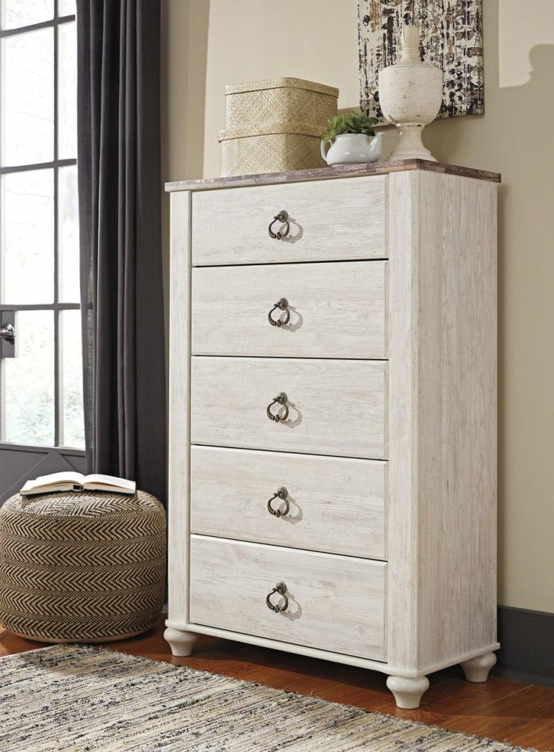 Willowton Bedroom Chest Of Drawers, 5-Drawer, 33.8″W X 52.8″H – Whitewash Bedroom