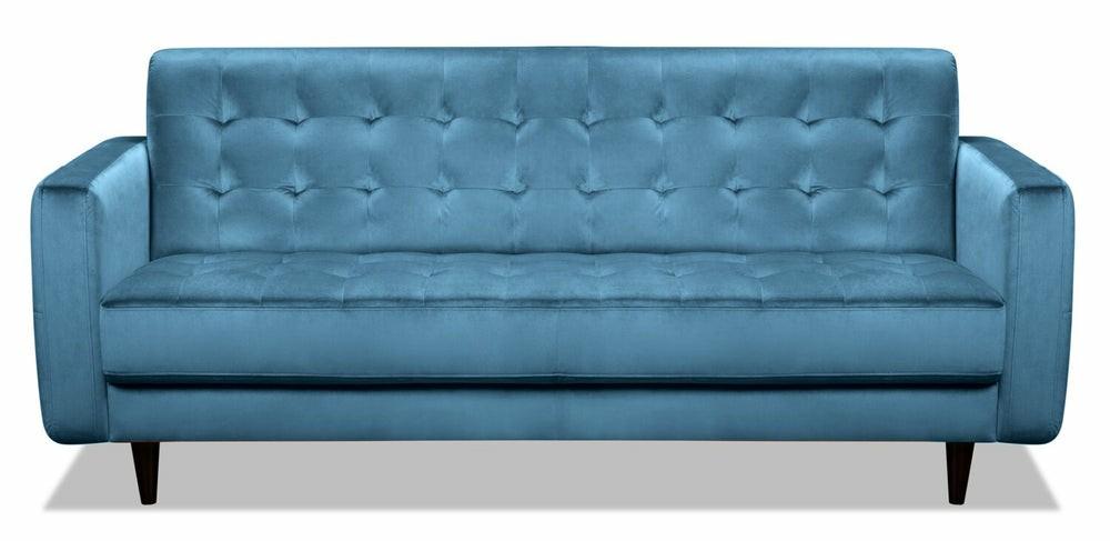 Devlin 76.4″ Blue Velvet Fabric Condo-Size Sofa With Tufted Cushions And Wood Legs Furniture